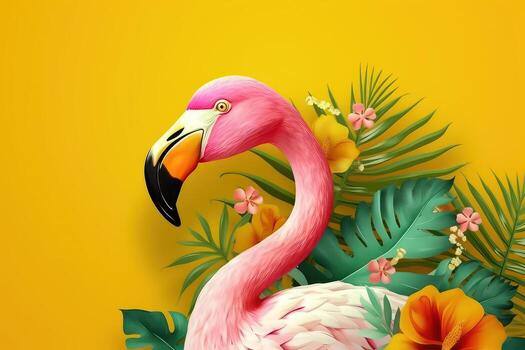 Summer festive with flamingo on yellow background, Tropical summer time. photo
