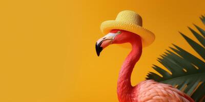 Summer festive with flamingo on yellow background, Tropical summer time. photo