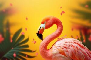 Summer festive with flamingo on yellow background, Tropical summer time. photo