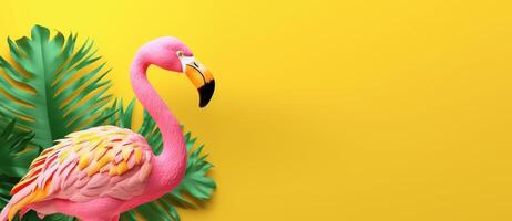 Summer festive with flamingo on yellow background, Tropical summer time. photo