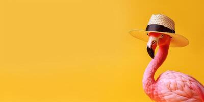 Summer festive with flamingo on yellow background, Tropical summer time. photo