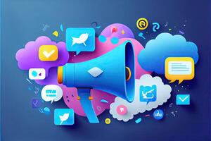 web site article image, material design, dark blue gradient background, megaphone in the left side of image, social networks icon photo