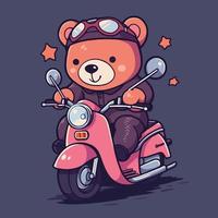 A teddy bear is riding a pink moped. vector