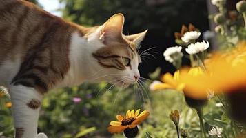 A playful cat chasing a butterfly around a garden full of flowers, Generate Ai photo