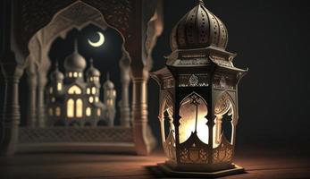 Ramadán kareem Luna en mezquita con linterna, Ramadán linterna creciente Luna imágenes, generar ai foto