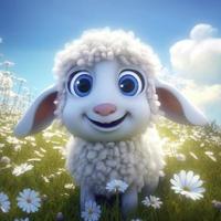 a super cute baby Pixar-style white fairy sheep, shiny white fluffy, big bright eyes, fluffy tail, smile, fairy tale, surfing, generat ai photo