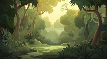 selva con arboles escena en un dibujos animados tema, generar ai foto