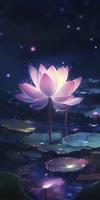 The background starlight is shining brightly, a pink lotus is in full bloom, crystal clear and picky, the heart of the flower is like a firefly shining, generat ai photo