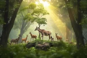 Photo concept nature reserve conserve wildlife reserve tiger deer global warming food loaf ecology human hands protecting the wild and wild animals tigers deer, generat ai