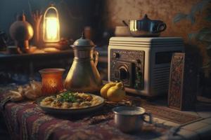 Ramadan Iftar food, Iftar meals and gatherings, Ramadan iftar Eid. Muslim family has dinner at home. Table with traditional food. Eid al-Fitr celebrations, Generate Ai photo