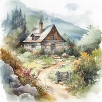 cottage in mountains,  water color, pastel color with white background, generat ai photo