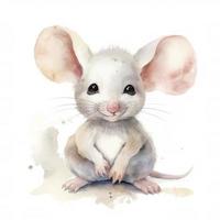 watercolor painting of a smiling baby mouse, soft colors, like in a children's book on white background, generat ai photo