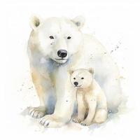 free mother white bear with white bear child water color, pastel ,white background , generat ai photo