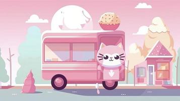 a 2D animated kawaii scene, a cute chibi cat standing in front of an ice cream truck, 2D cartoon style, generat ai photo