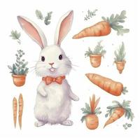 simple Kawaii cute pretty rabbit, carrot,sheet of parts, watercolor, white background, generat ai photo