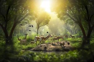 Photo concept nature reserve conserve wildlife reserve tiger deer global warming food loaf ecology human hands protecting the wild and wild animals tigers deer, generat ai