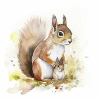 free squirrel mother with squirrel child water color, pastel ,white background , generat ai photo