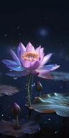 The background starlight is shining brightly, a pink lotus is in full bloom, crystal clear and picky, the heart of the flower is like a firefly shining, generat ai photo