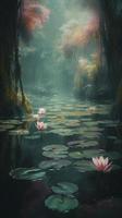 a lake of water lilies with trees on one side, in the style of light emerald and pink, Generate Ai photo