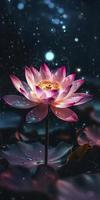 The background starlight is shining brightly, a pink lotus is in full bloom, crystal clear and picky, the heart of the flower is like a firefly shining, generat ai photo