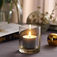 A beautiful cylindrical candle glowing on glass photo