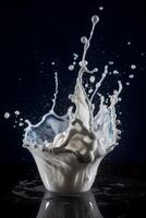 milk or yogurt splash isolated on dark blue background photo