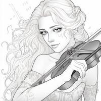 colorante libro línea Arte dibujo de un bonito niña jugando violín generativo ai foto