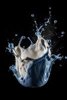 milk or yogurt splash isolated on black background photo