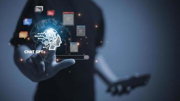 Chatbot Chat with AI, Artificial Intelligence. man using technology smart robot AI, artificial intelligence by enter command prompt for generates something, Futuristic technology transformation. photo