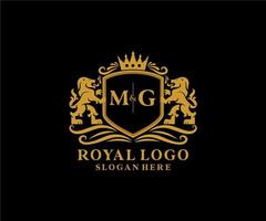 Initial MG Letter Lion Royal Luxury Logo template in vector art for Restaurant, Royalty, Boutique, Cafe, Hotel, Heraldic, Jewelry, Fashion and other vector illustration.