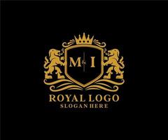 Initial MI Letter Lion Royal Luxury Logo template in vector art for Restaurant, Royalty, Boutique, Cafe, Hotel, Heraldic, Jewelry, Fashion and other vector illustration.