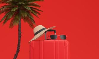 red Suitcase, Palm tree, hat and sun glasses on red background. Vacation on the beach. 3d rendering. photo