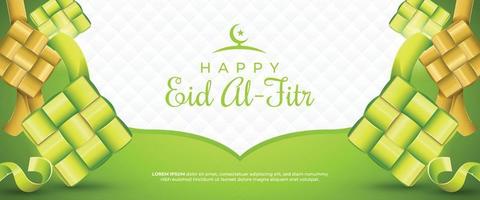 Happy Eid Al-Fitr Banner with Realistic Ketupats vector