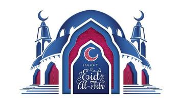 contento eid al-fitr con papel cortar mezquita vector