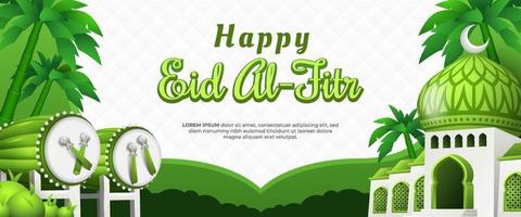 Happy Eid Al-Fitr Banner with Green Bedugs and a Mosque vector