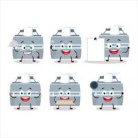 Cartoon character of grey lunch box with various chef emoticons vector