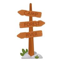 Wooden signpost on the tourist route. Road sign to the summer camp, river, forest. A guide post with inscriptions. Vector illustration in the flat style. Isolated on a white background.