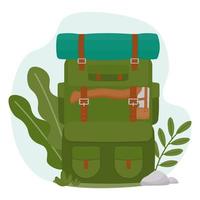 A traveler's hiking backpack. Tourist backpack for hiking, camping equipment for adventures. Vector illustration in the flat style. Isolated.