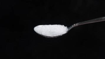 lento movimento do branco açúcar derramando a partir de uma colher isolado em Preto video