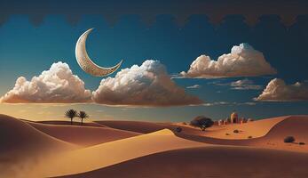 islamic illustration of a crescent moon and realistic clouds with traditional lanterns and sand dunes. photo