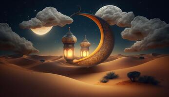 islamic illustration of a crescent moon and realistic clouds with traditional lanterns and sand dunes. photo