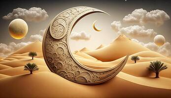 islamic illustration of a crescent moon and realistic clouds with traditional lanterns and sand dunes. photo