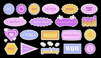 Y2K retro stickers with short phrases and motivations, sticker pack, vector collection of tags and stickers in retro style.