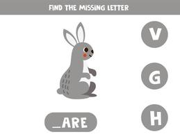 Find missing letter. Cute cartoon hare. Educational spelling game for kids. vector