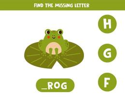 Find missing letter with cartoon frog. Spelling worksheet. vector