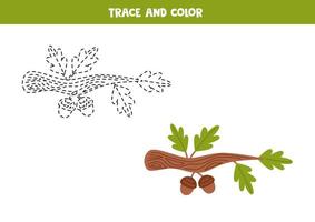 Trace and color cartoon cute oak branch. Worksheet for children. vector