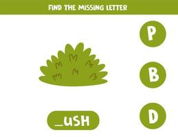 Find missing letter with cartoon green bush. Spelling worksheet. vector