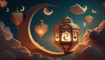 islamic illustration of a crescent moon and realistic clouds with traditional lanterns and hearts. photo