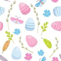 Happy Easter seamless pattern. Easter eggs, willow trees, bugs and flower vector