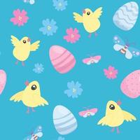 Happy Easter seamless pattern. cute Easter eggs, flowers, willow trees, yellow chickens, bugs on a blue background vector